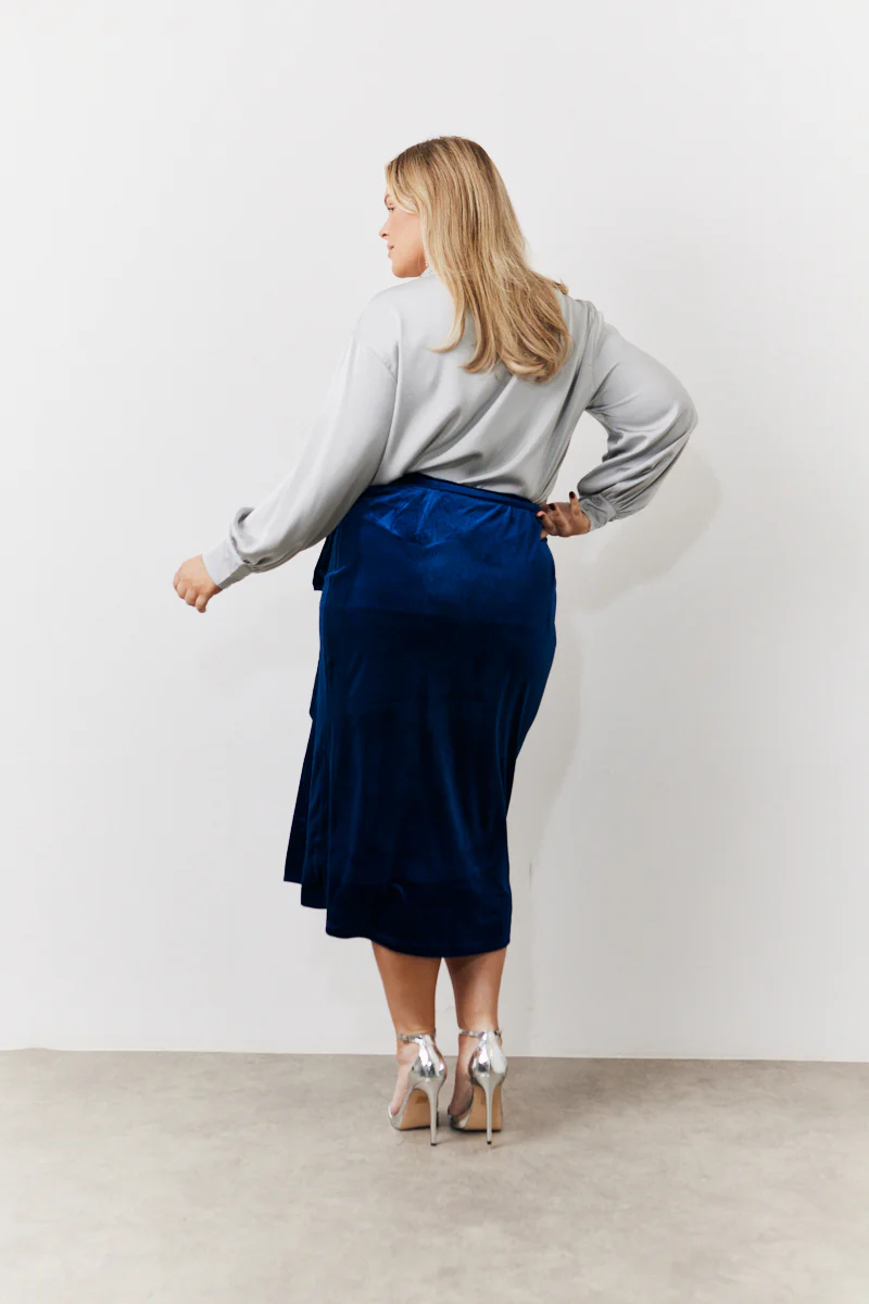 Navy Velvet Wrap Midi Skirt - Image 3