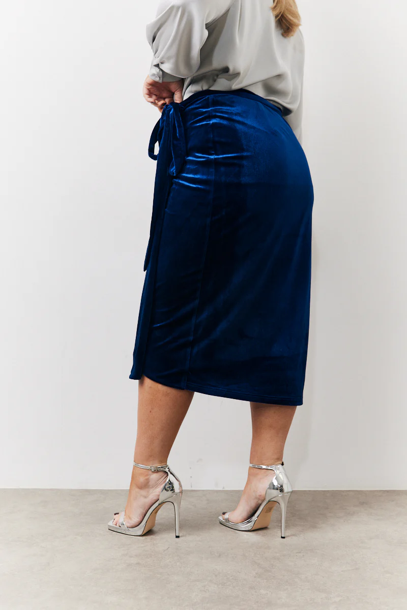 Navy Velvet Wrap Midi Skirt - Image 4