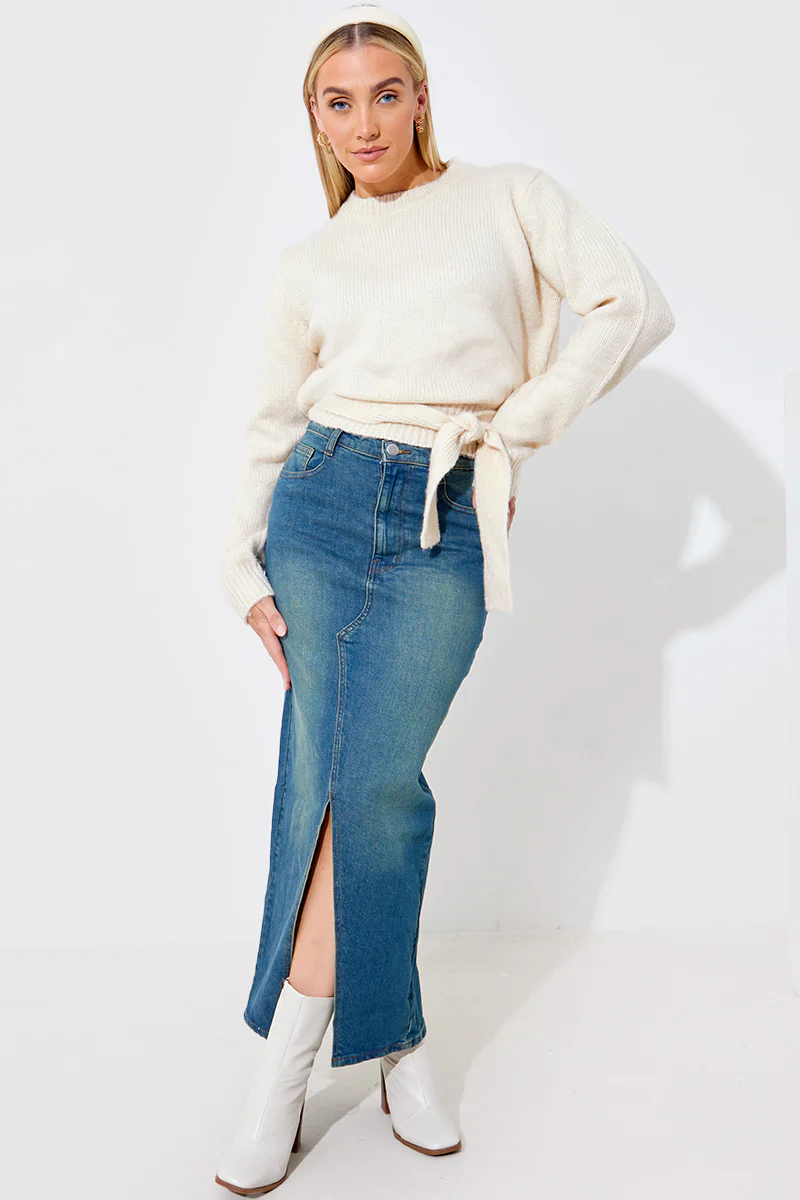 Vintage Wash Split Detail Denim Maxi Skirt
