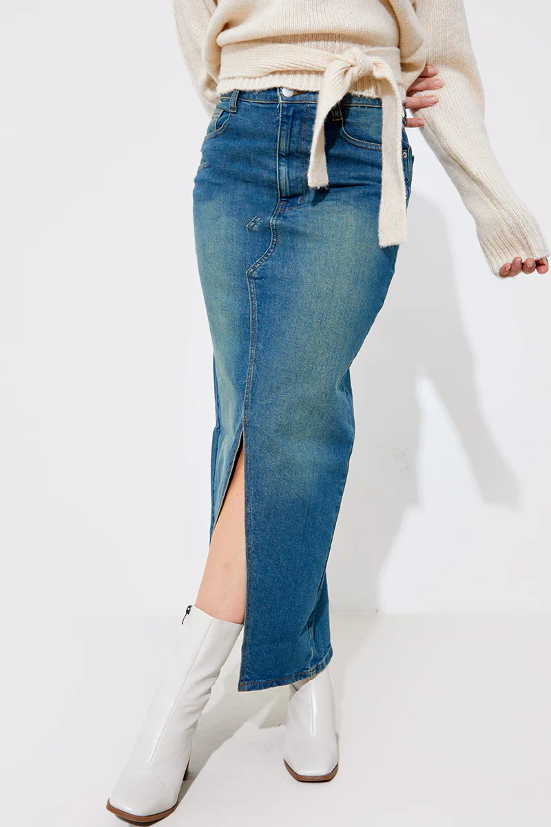 Vintage Wash Split Detail Denim Maxi Skirt - Image 2