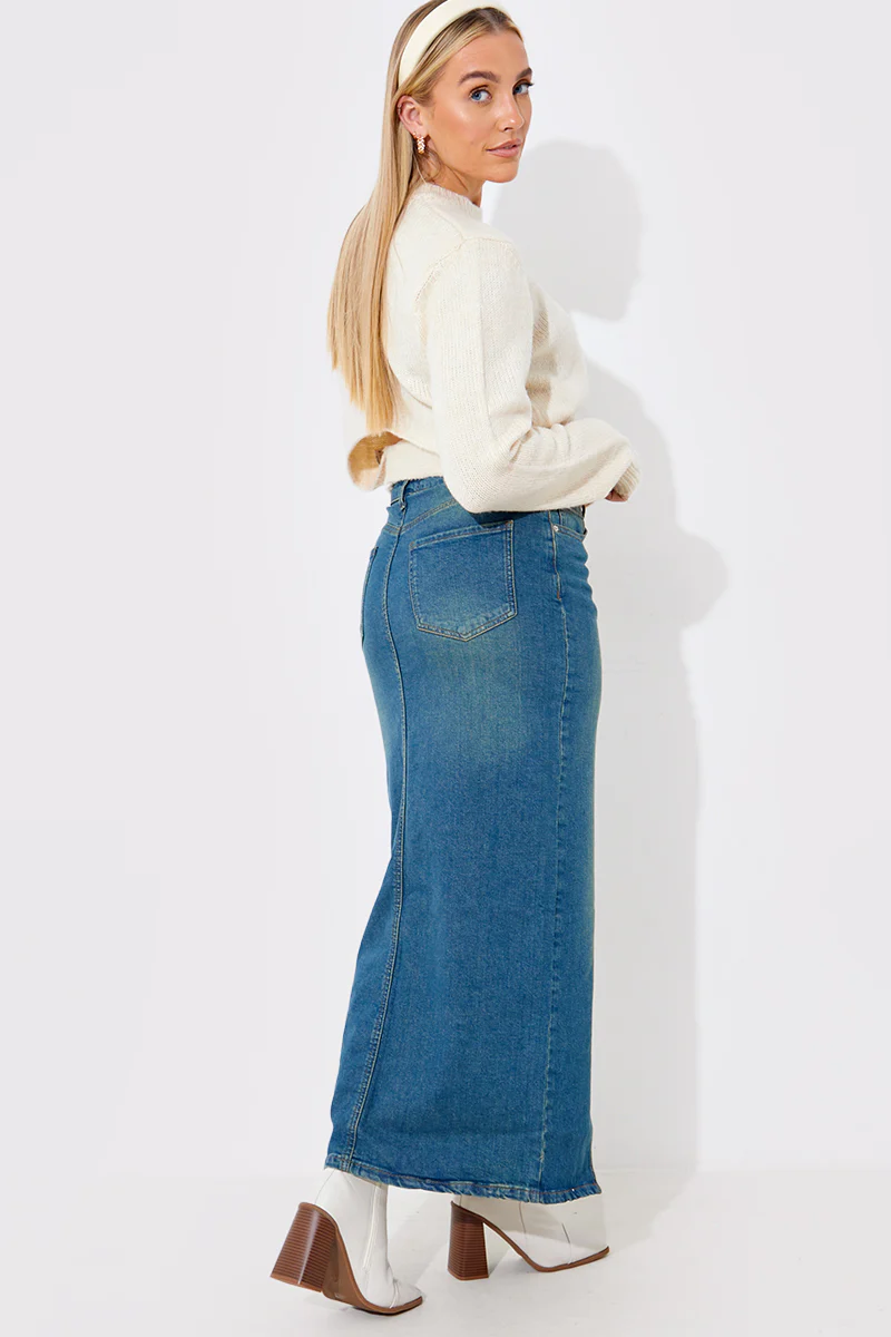 Vintage Wash Split Detail Denim Maxi Skirt - Image 3