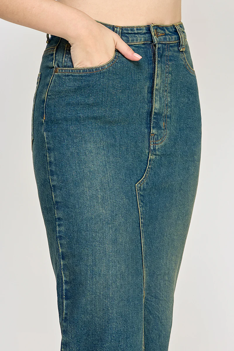 Vintage Wash Split Detail Denim Maxi Skirt - Image 4