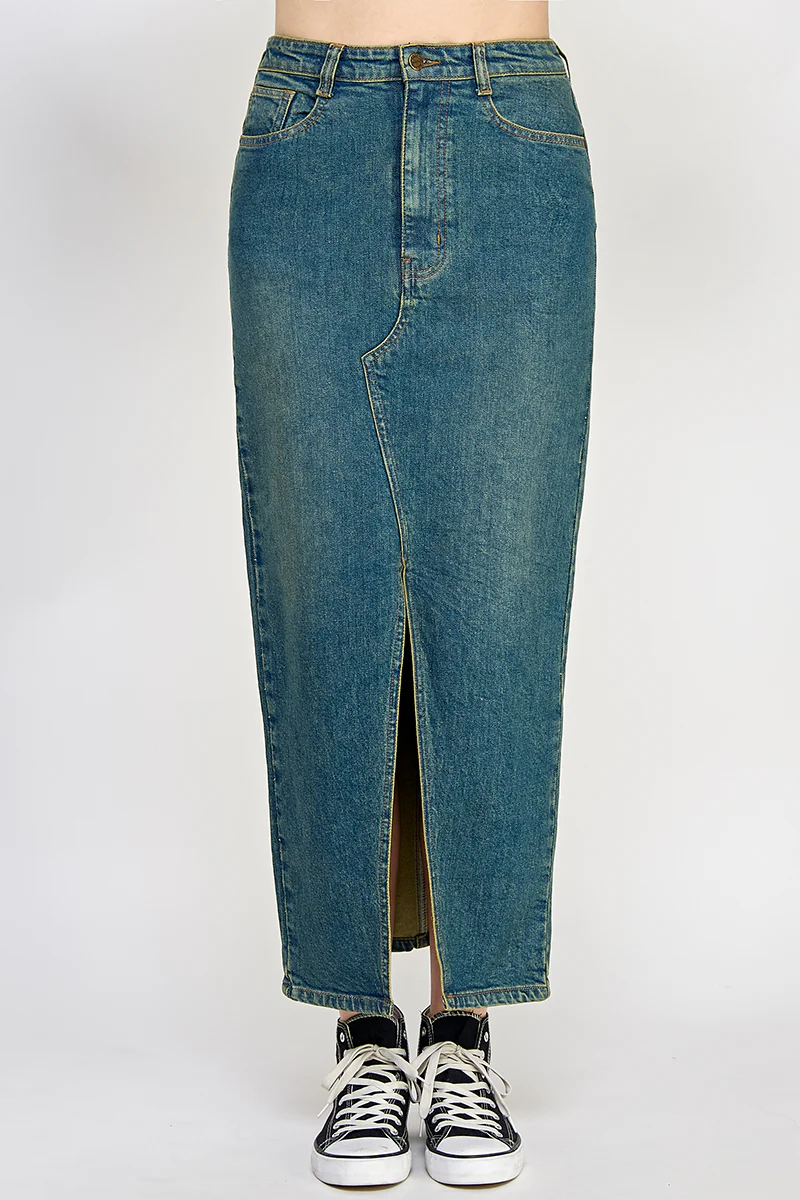 Vintage Wash Split Detail Denim Maxi Skirt - Image 5