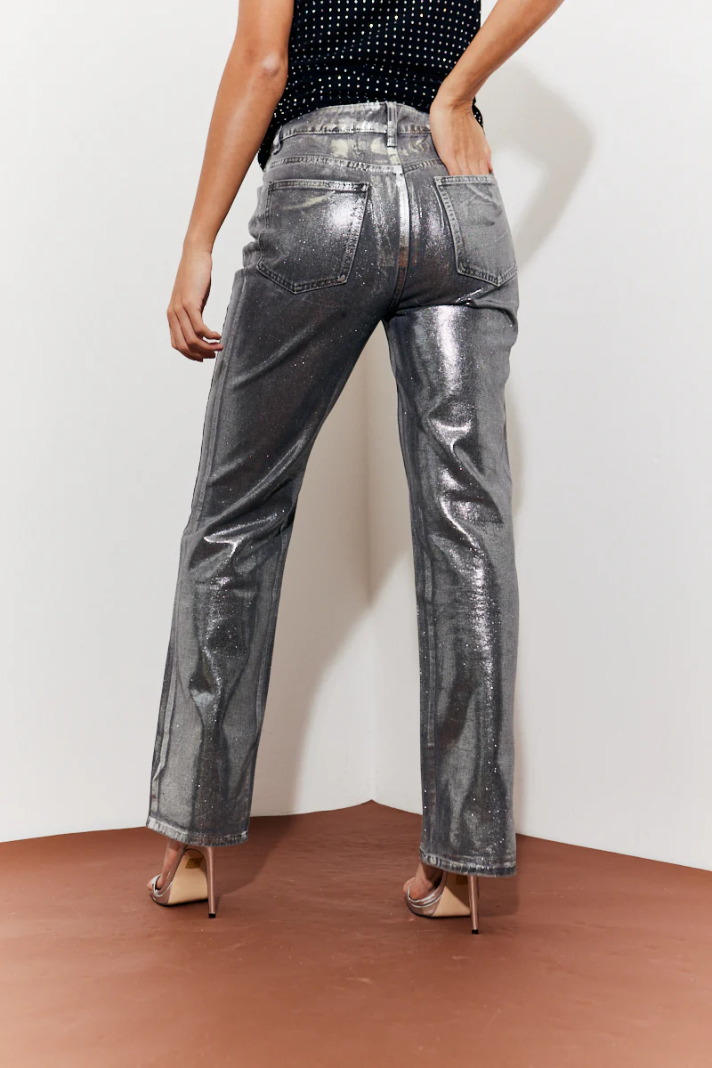 Wide Leg Silver Foil High Waisted Jeans - Image 4