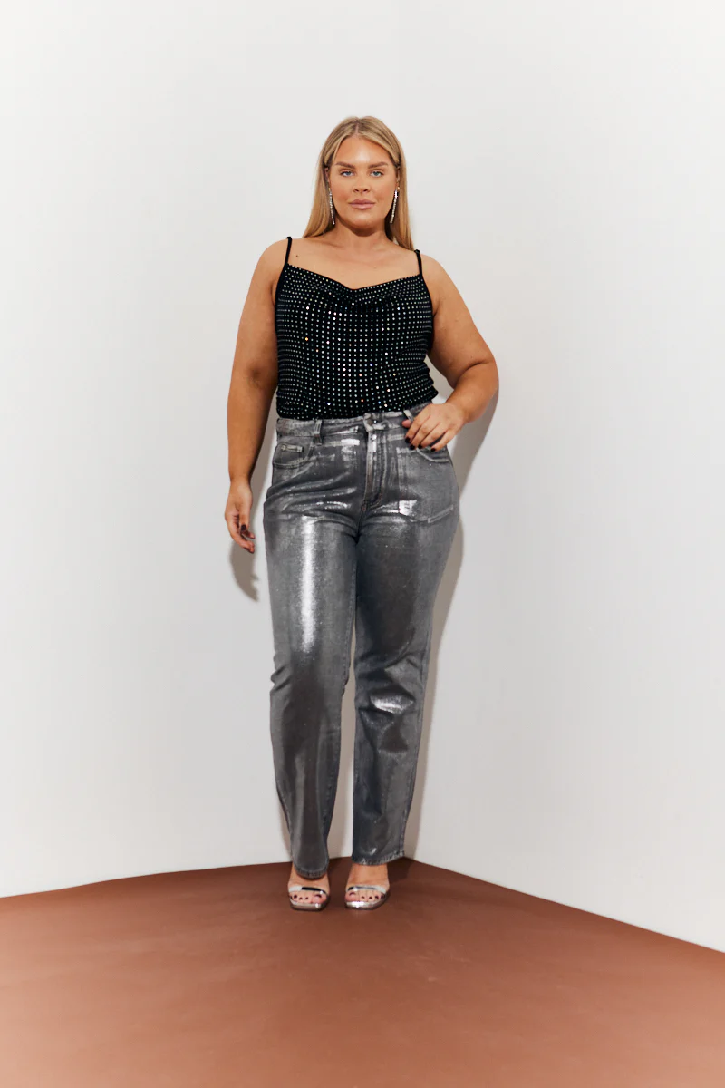 Wide Leg Silver Foil High Waisted Jeans - Image 5