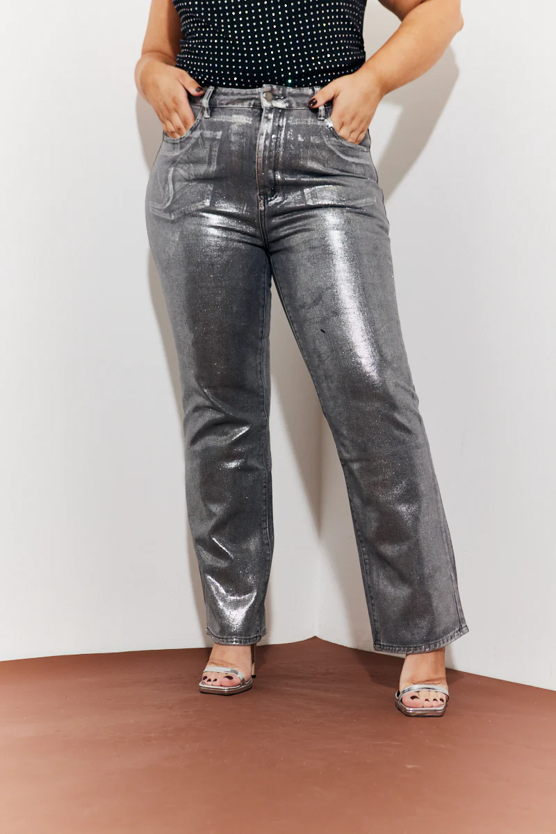 Wide Leg Silver Foil High Waisted Jeans - Image 6