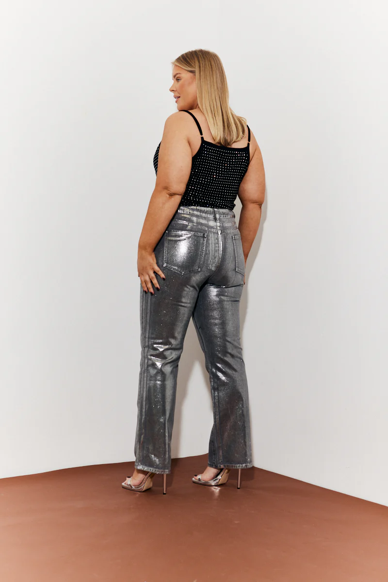 Wide Leg Silver Foil High Waisted Jeans - Image 7