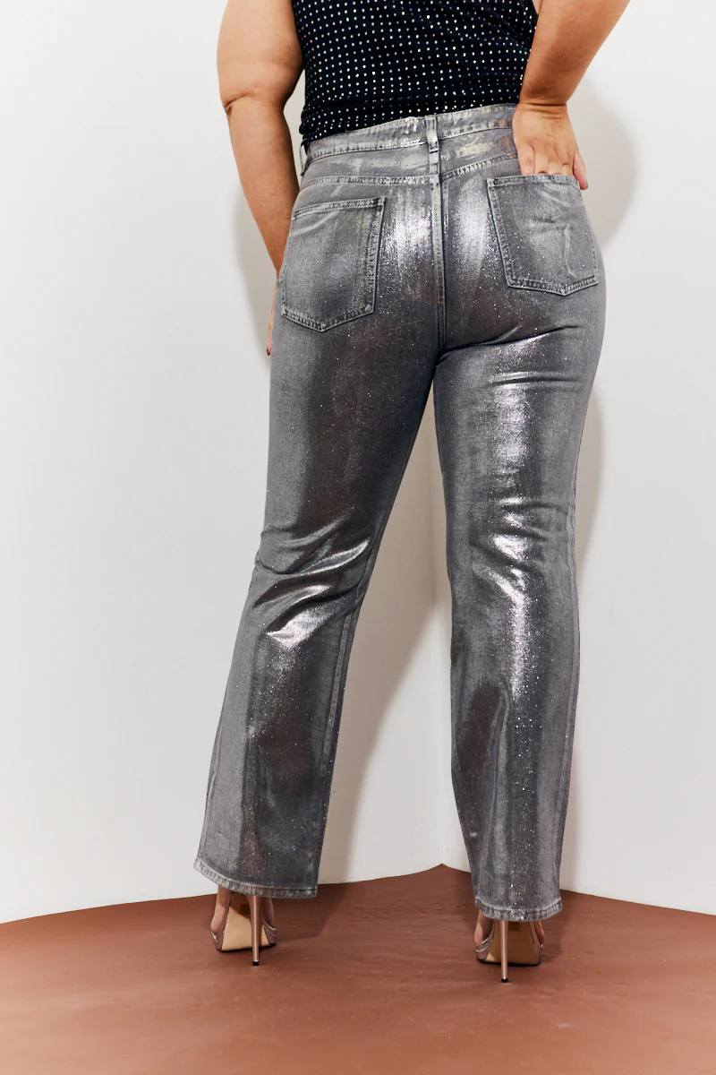 Wide Leg Silver Foil High Waisted Jeans - Image 8