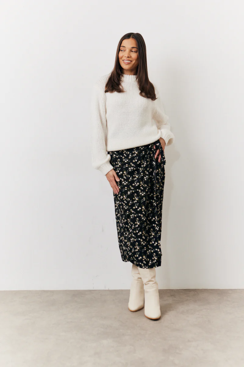 Black Floral Wrap Midi Skirt
