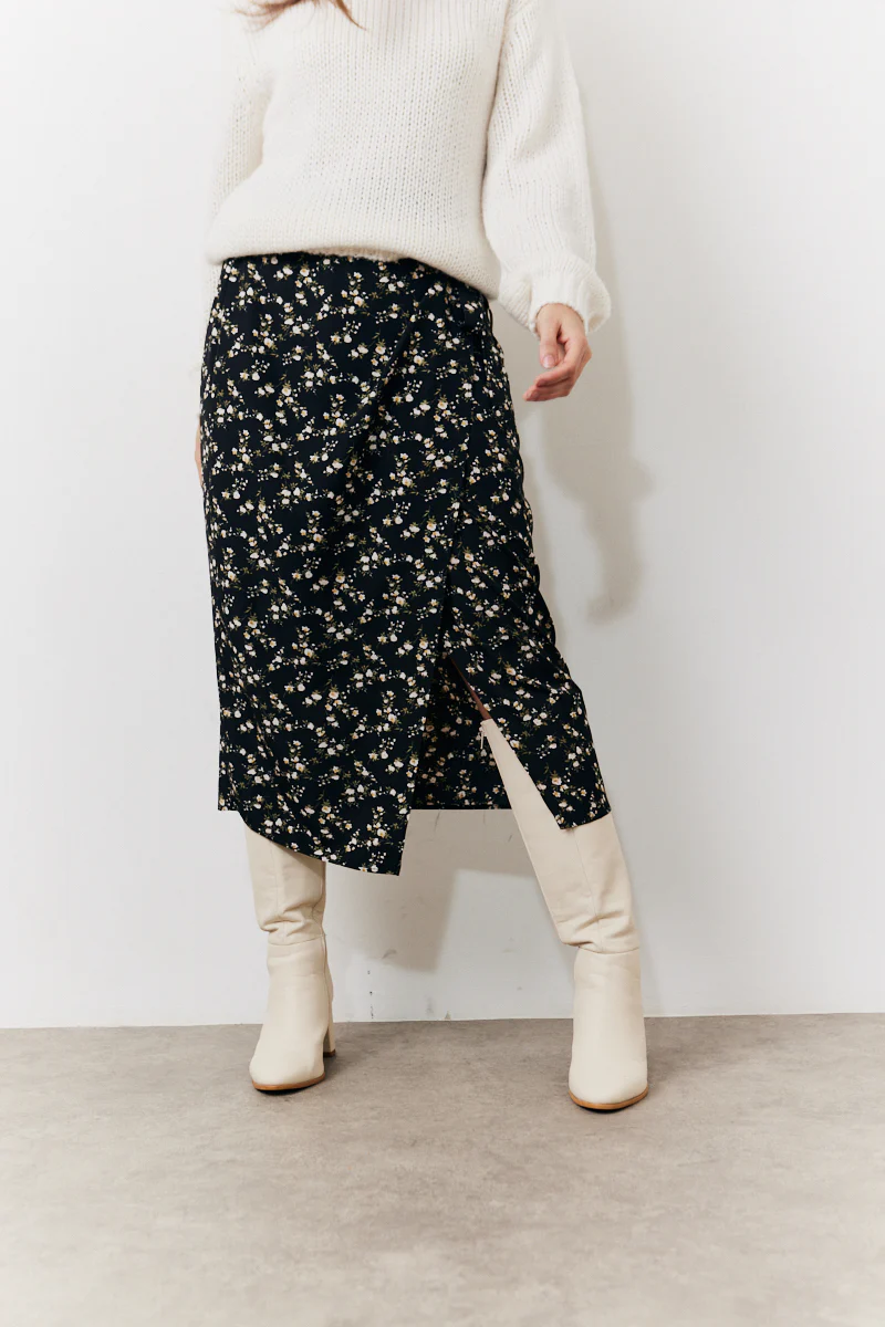 Black Floral Wrap Midi Skirt - Image 2