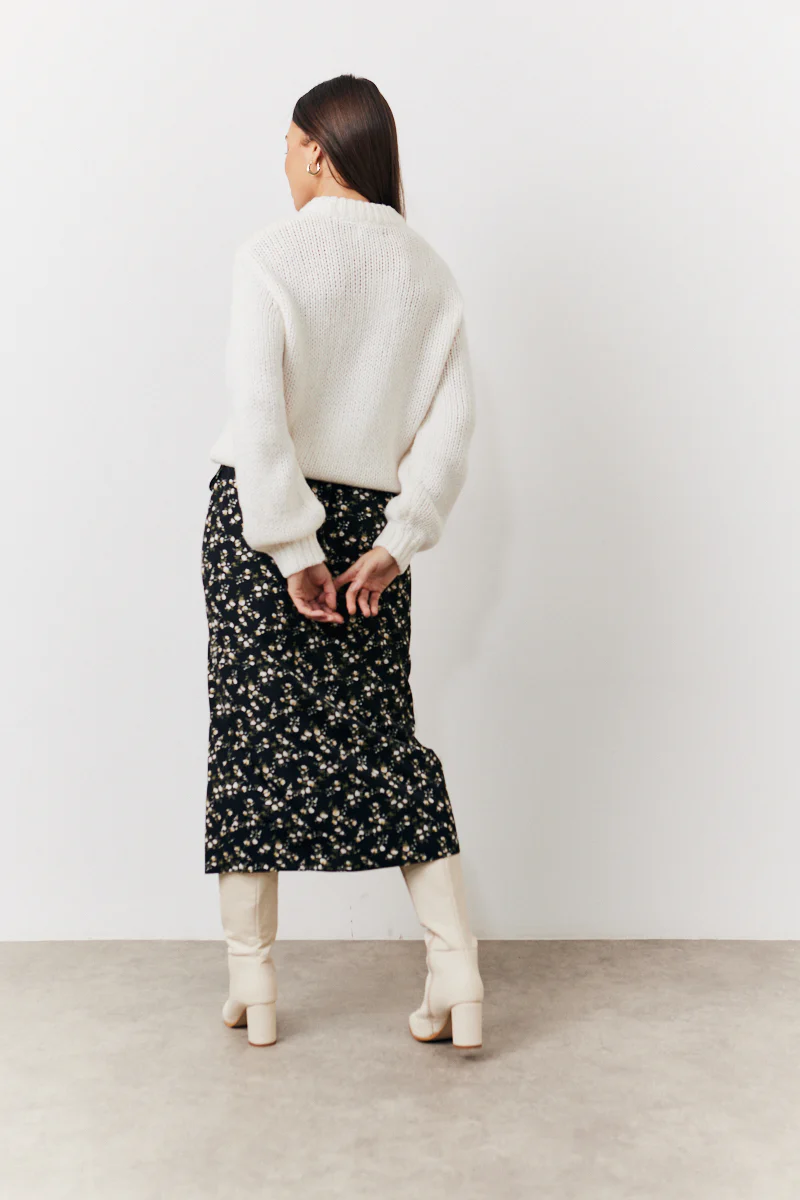 Black Floral Wrap Midi Skirt - Image 3