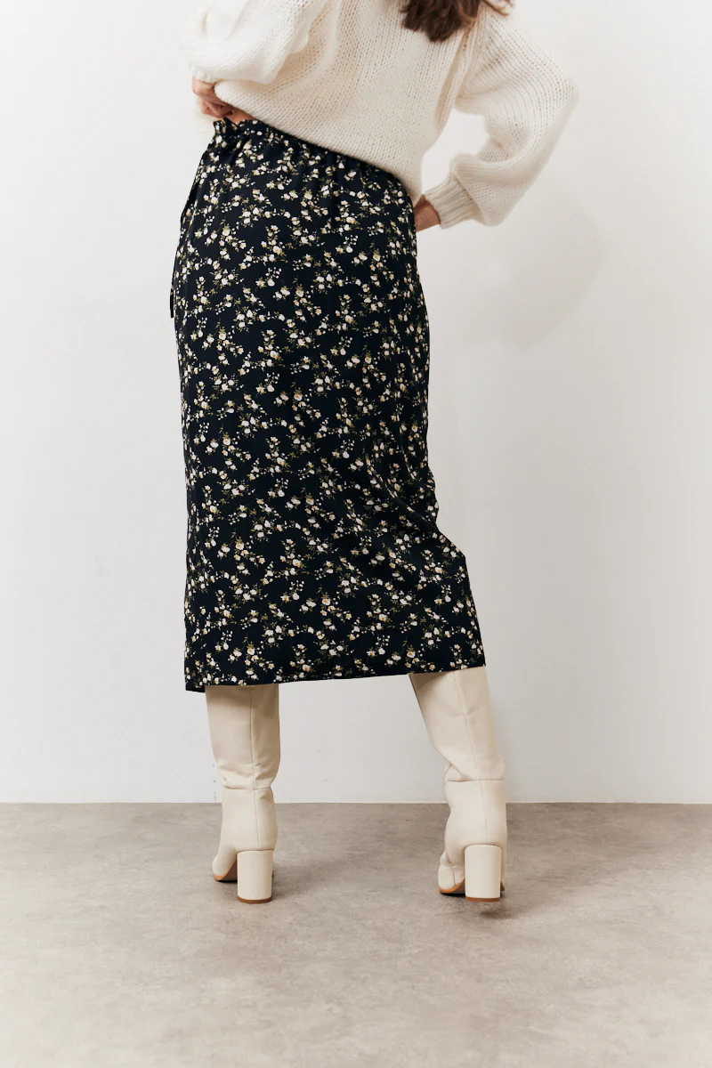 Black Floral Wrap Midi Skirt - Image 4