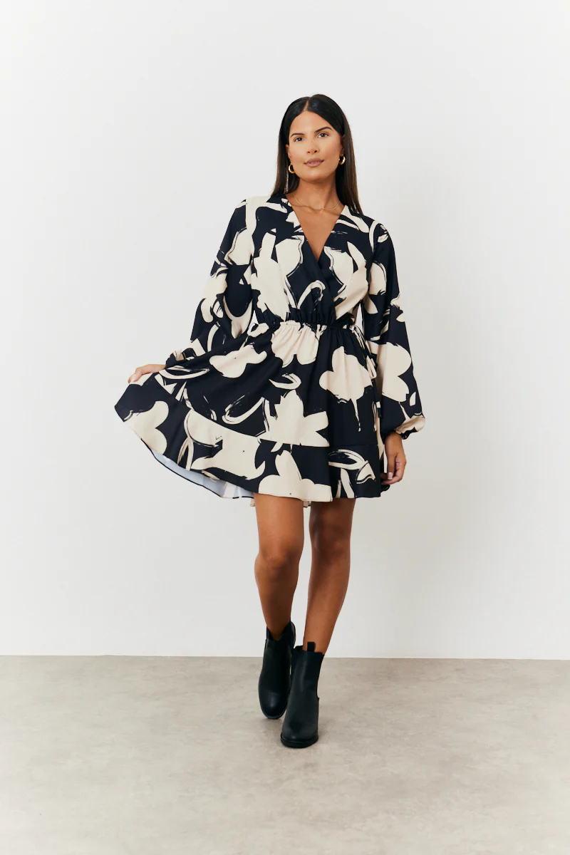 Wrap Puff Sleeve Mini Skater Dress