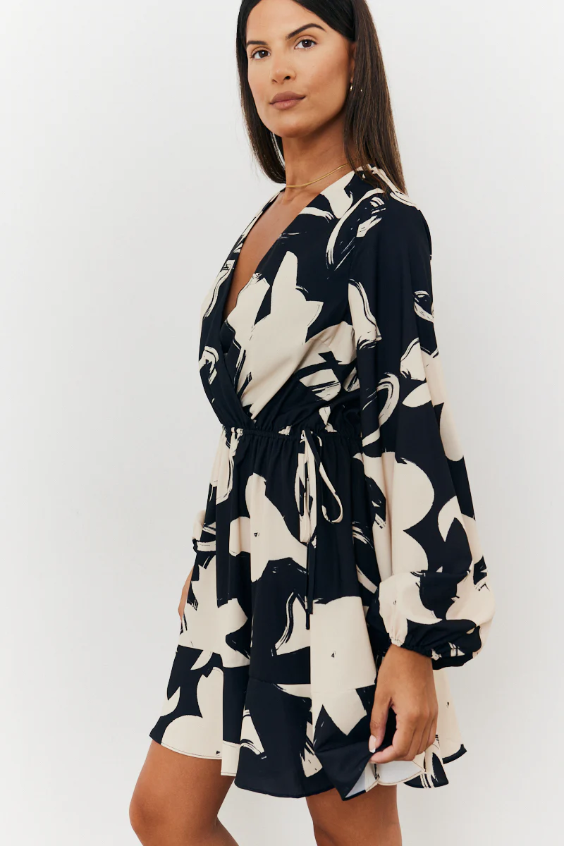 Wrap Puff Sleeve Mini Skater Dress - Image 2