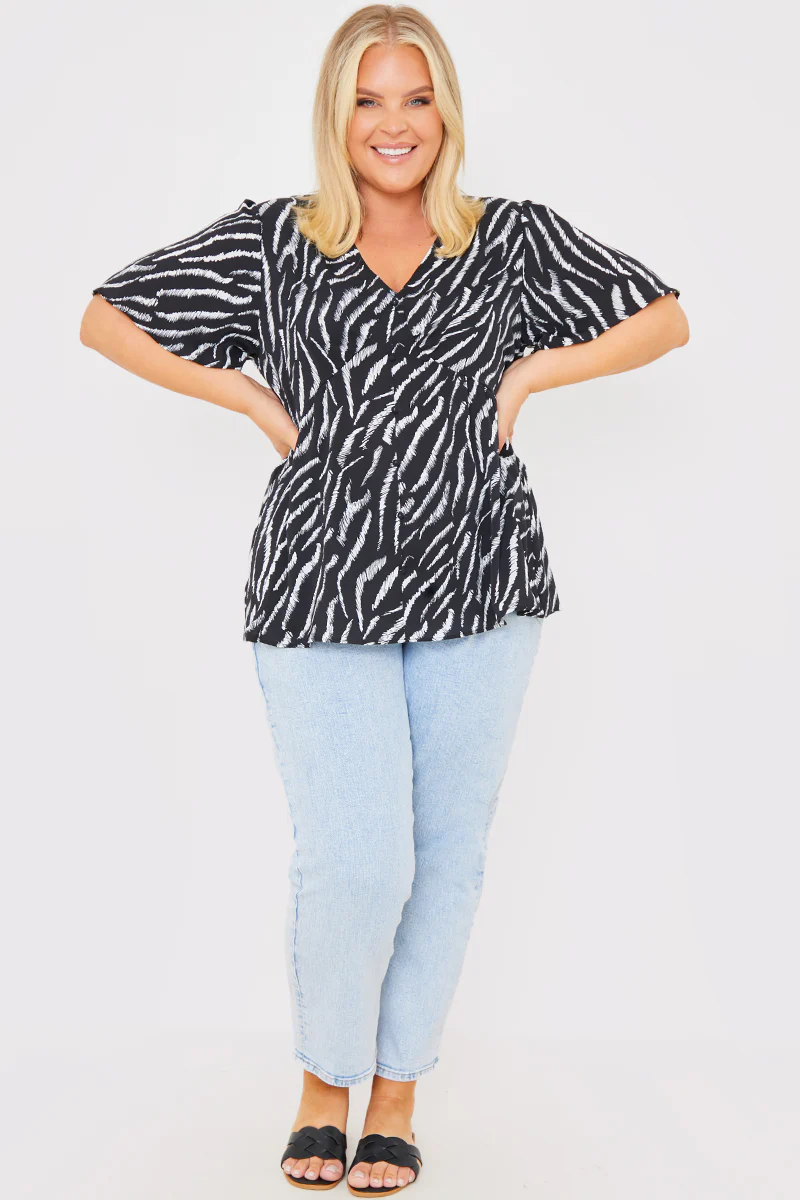 Zebra Plunge Button Front Blouse With Shirred Cuffs - Image 2