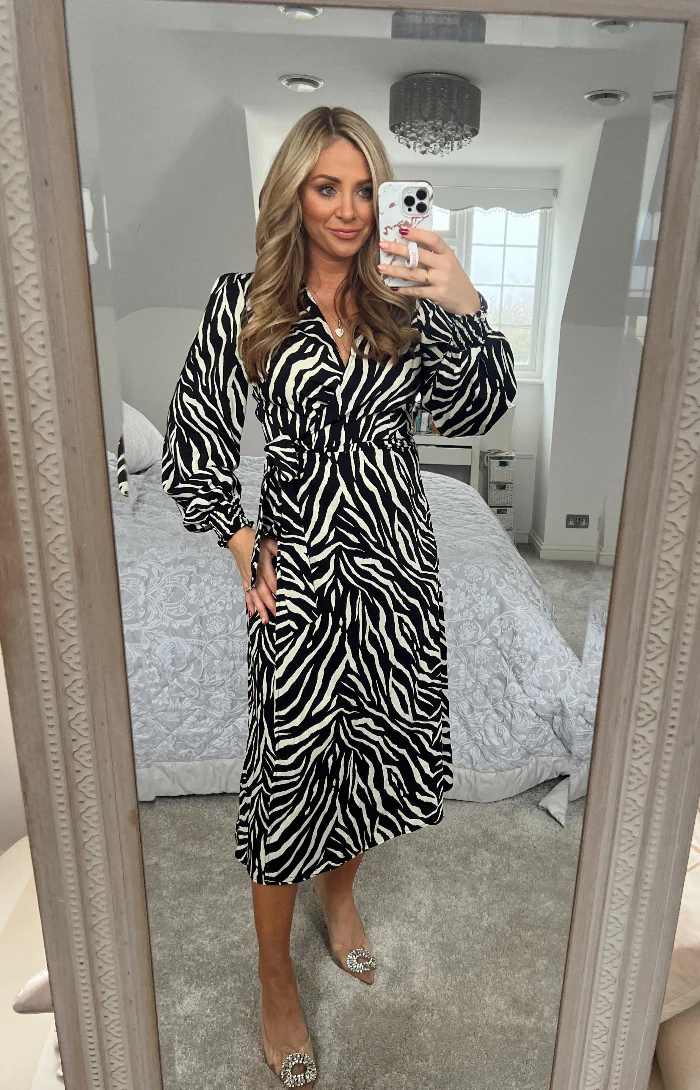 Zebra Woven Printed Wrap Midi Dress - Image 7