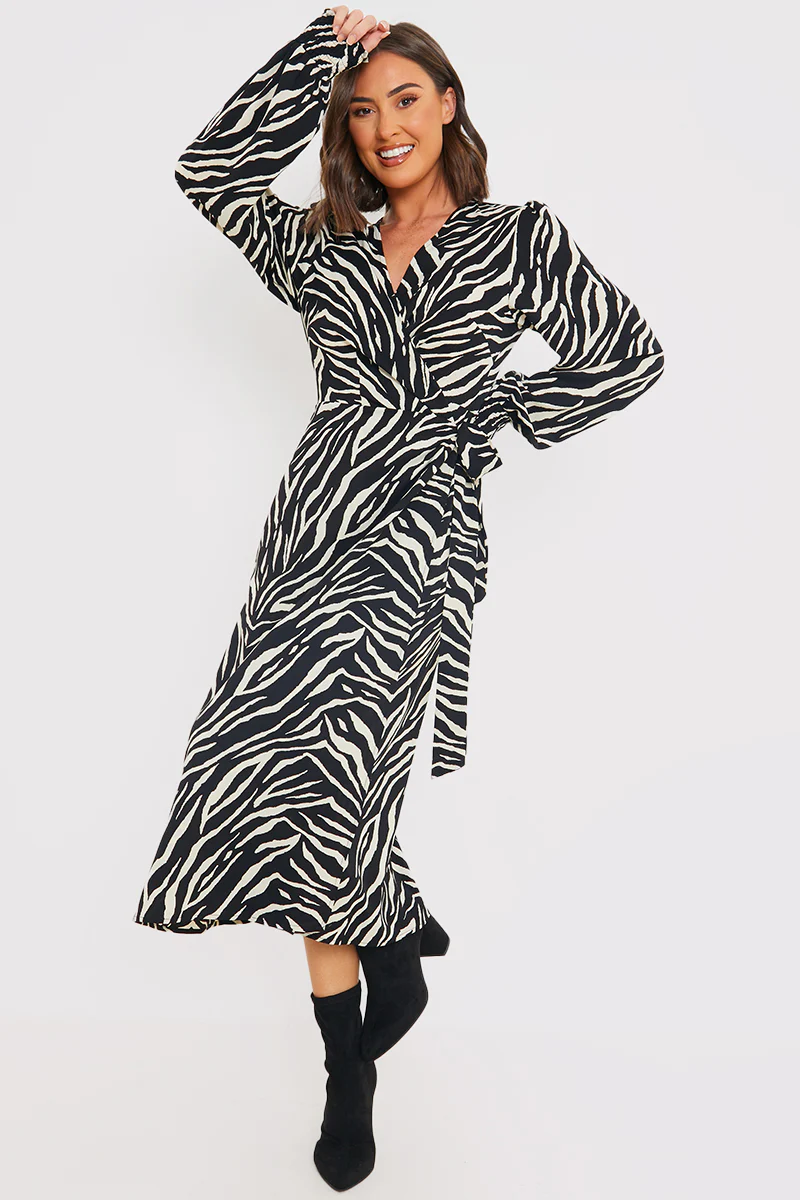 Zebra Woven Printed Wrap Midi Dress - Image 8